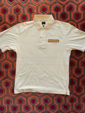 MAKE OFFER! Yellow Striped Polo Shirt Pac-Man Chest Patch Shirt Men's Medium